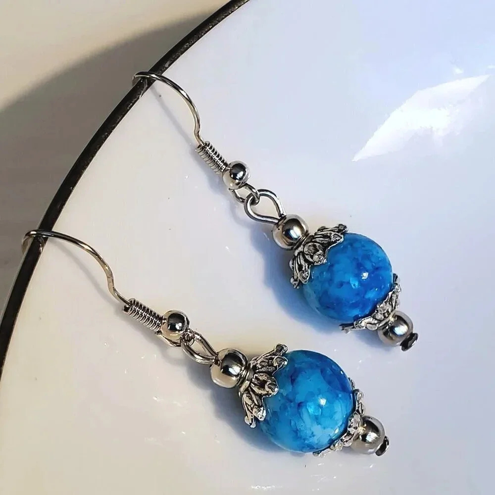 Art Nouveau Mottled Turquoise Blue Glass Beads Antiqued Silver Earrings - Picture 5 of 7